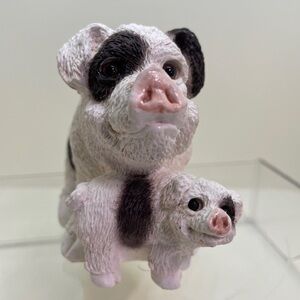 Handmade Stone Critters ceramic pig mother and baby figurine set.